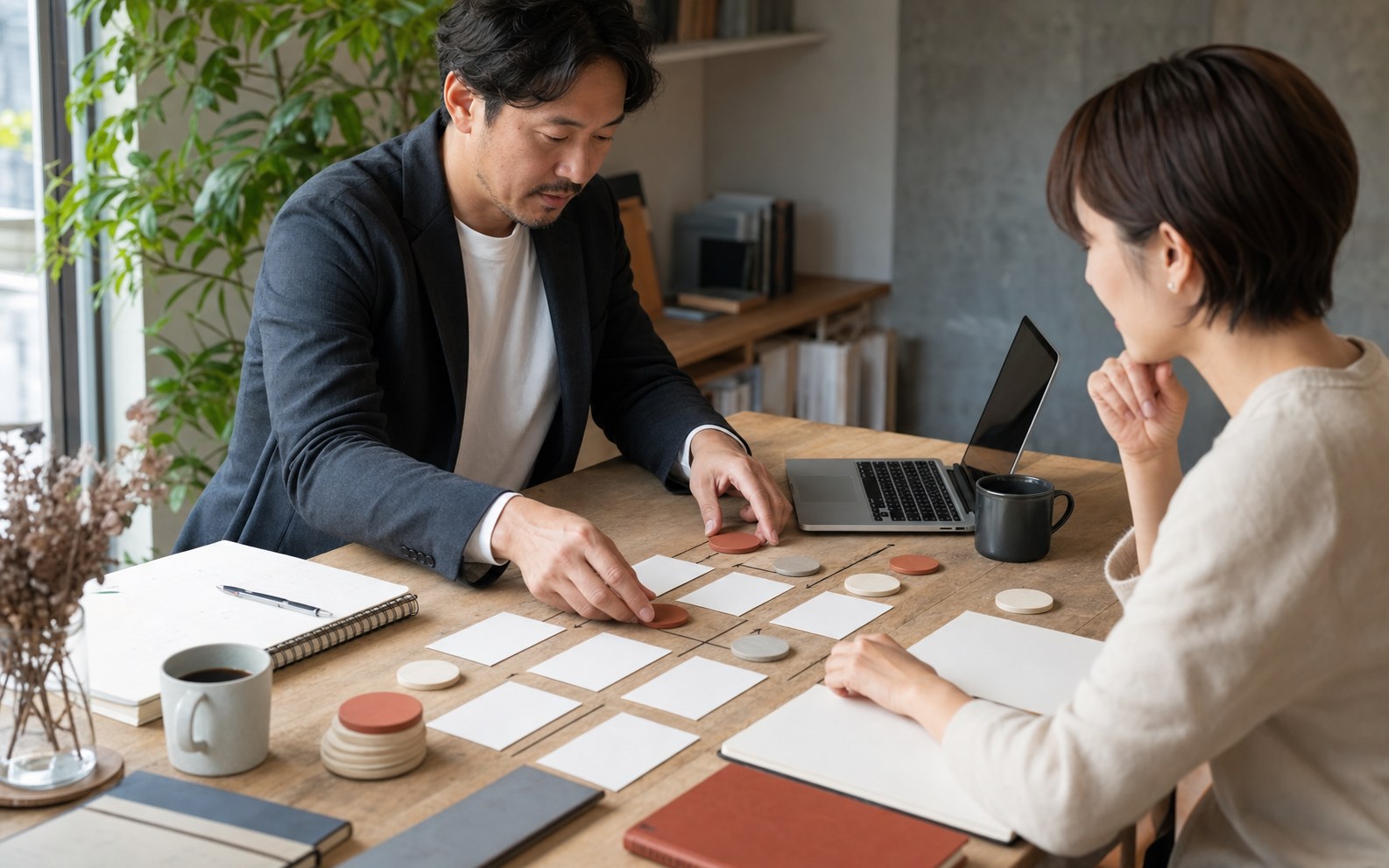 サービスカードと価格要素を並べて交流会向けの入口商品を設計する様子