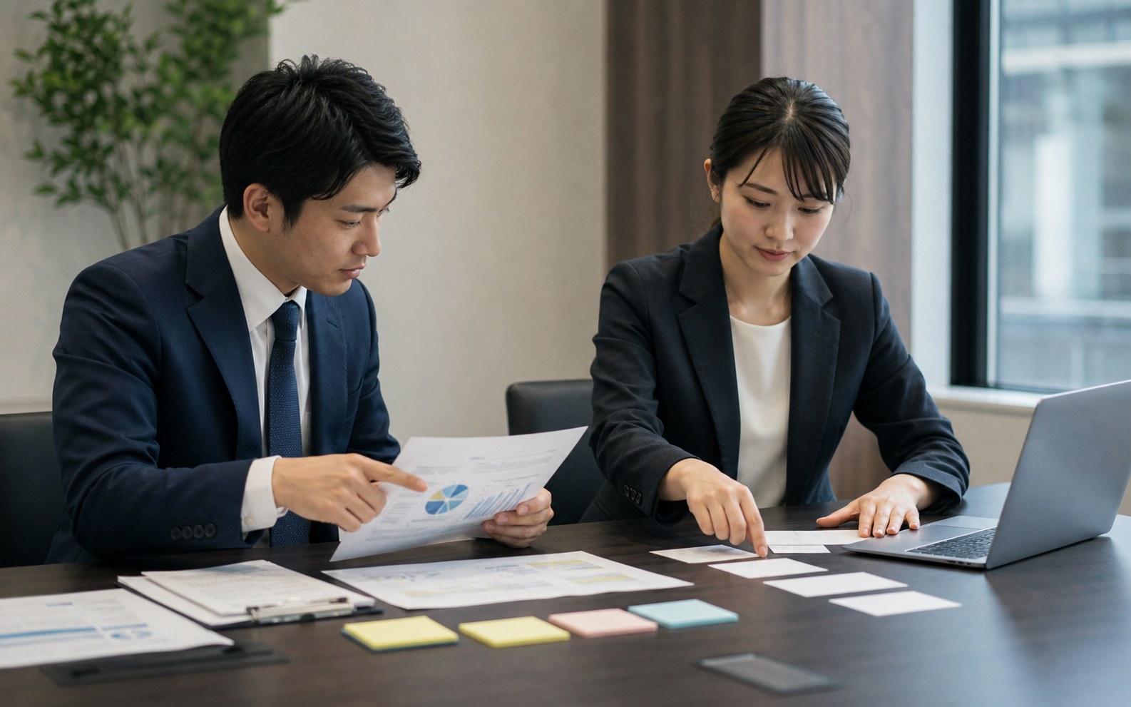 企業調査資料と会話カードを使って初回商談を設計する様子