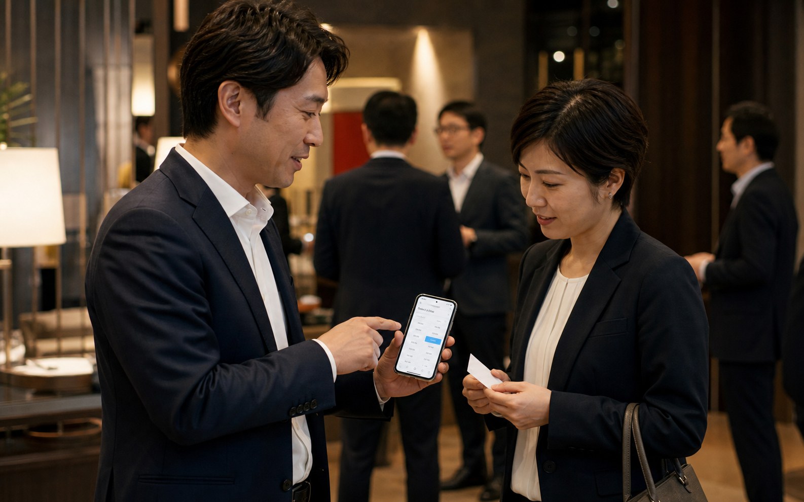 交流会での会話から次回商談の日程を決める様子