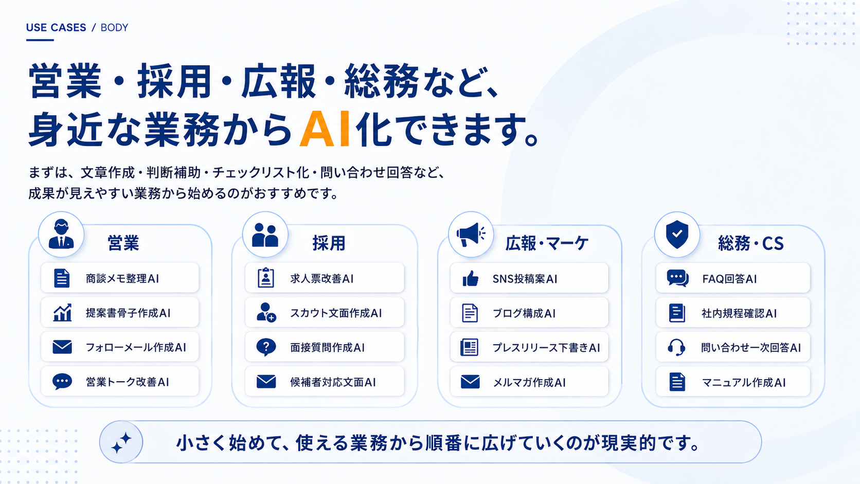 営業、採用、広報、総務などで作成できる業務AIの例