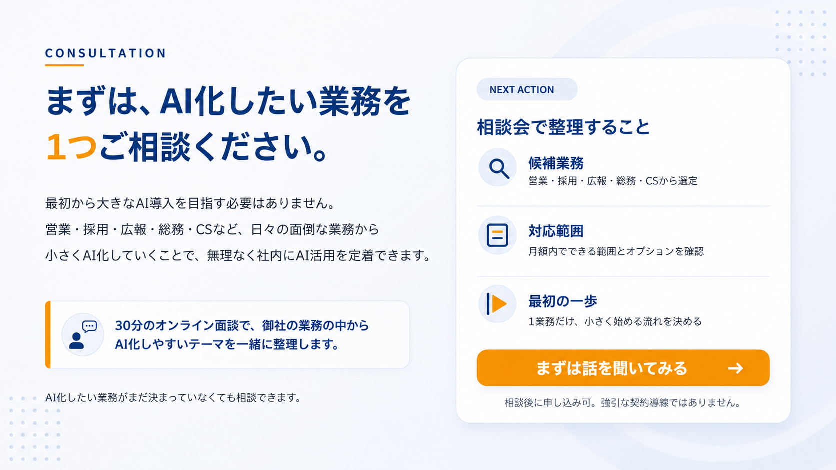 まずはAI化したい業務を1つ相談する最終CTA